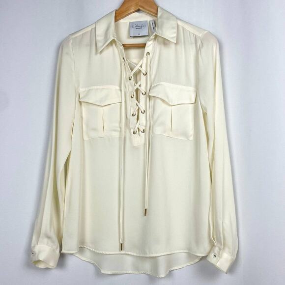 L'Academie Lace Up Front Blouse Size XS Ivory Cream Silky Satin Neutral Top - Picture 1 of 13